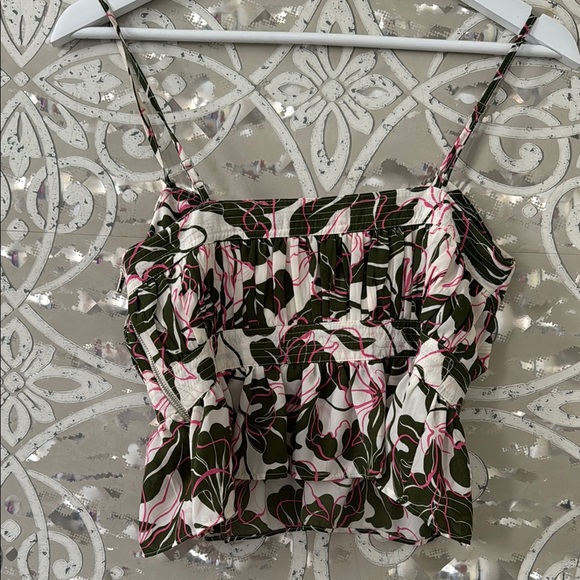 PARKER Cream Green Pink Floral Key Hole Peplum Tank Top 0 - Picture 3 of 5